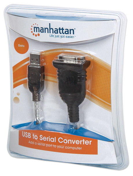 Manhattan USB-A to Serial Converter cable, 45cm, Male to Male, Serial/RS232/COM/DB9, Prolific PL-2303RA Chip, Equivalent to Startech ICUSB232V2, Black/Silver cable, Blister 34237
