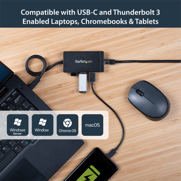 StarTech.com 3-Port USB-C Hub with Gigabit Ethernet - USB-C to 3x USB-A - USB 3.0 - Includes Power Adapter 35651