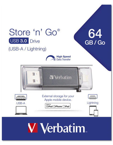 Verbatim iStore 'n' Go USB flash drive 64 GB USB Type-A / Lightning 3.2 Gen 1 (3.1 Gen 1) Grey 37274