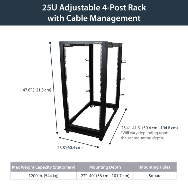 StarTech.com Armadio Server Rack con 4 staffe a Telaio Aperto 25U con profondità regolabile da 59-104cm - Rack per apparecchiature di rete con rotelle, livellatori e gestione dei cavi 37430