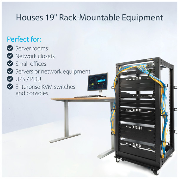 StarTech.com Armadio Server Rack con 4 staffe a Telaio Aperto 25U con profondità regolabile da 59-104cm - Rack per apparecchiature di rete con rotelle, livellatori e gestione dei cavi 37430