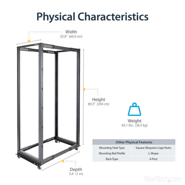 StarTech.com Armadio Rack a Telaio aperto 42U 19" - 4 staffe con profondità regolabile da 59-104 cm - Server Rack dati mobile/ su ruote per reti/apparecchiature informatiche - Dell PowerEdge HP ProLiant ThinkServer 37434