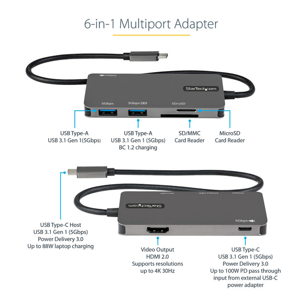 StarTech.com USB C Multiport Adapter - USB-C to 4K HDMI, 100W Power Delivery Pass-through, SD/MicroSD Slot, 3-Port USB 3.0 Hub - USB Type-C Mini Dock - 12" (30cm) Long Attached Cable DKT30CHSDPD 065030891783