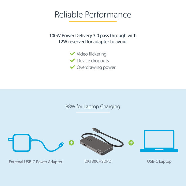 StarTech.com USB C Multiport Adapter - USB-C to 4K HDMI, 100W Power Delivery Pass-through, SD/MicroSD Slot, 3-Port USB 3.0 Hub - USB Type-C Mini Dock - 12" (30cm) Long Attached Cable DKT30CHSDPD 065030891783