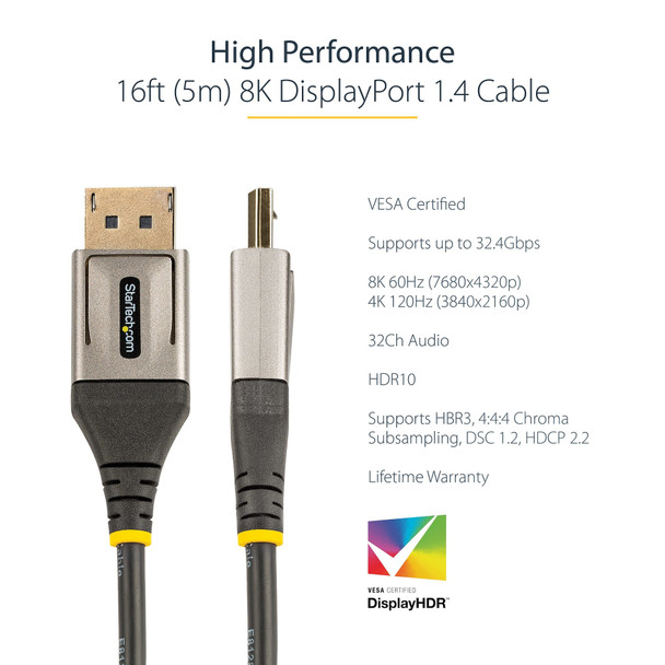 StarTech.com 16ft (5m) VESA Certified DisplayPort 1.4 Cable - 8K 60Hz HDR10 - Ultra HD 4K 120Hz Video - DP 1.4 Cable / Cord - For Monitors/Displays - DisplayPort to DisplayPort Cable - M/M DP14VMM5M 065030889285