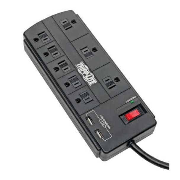 Tripp Lite 8-Outlet Surge Protector with 2 USB Ports (2.1A Shared) - 8 ft. Cord, 1200 Joules, Black TLP88USBB 037332223449