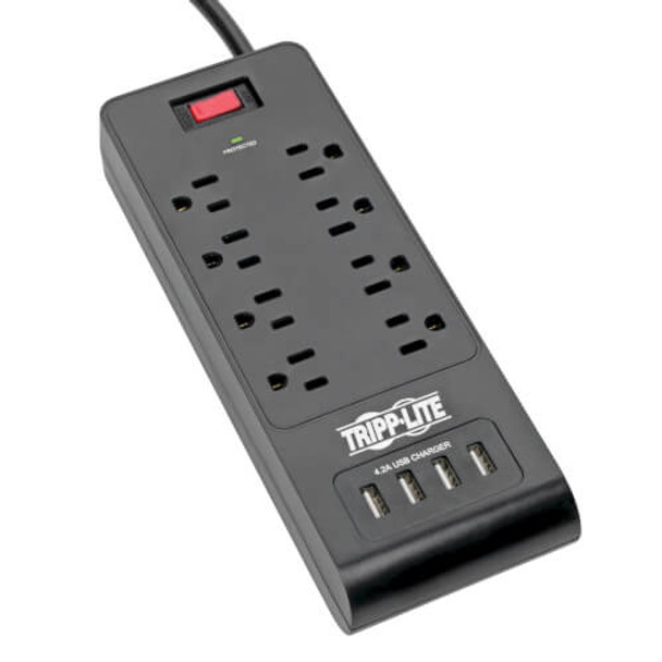 Tripp Lite 8-Outlet Surge Protector with 4 USB Ports (4.2A Shared) - 6 ft. Cord, 1800 Joules, Black TLP864USBB 037332223654