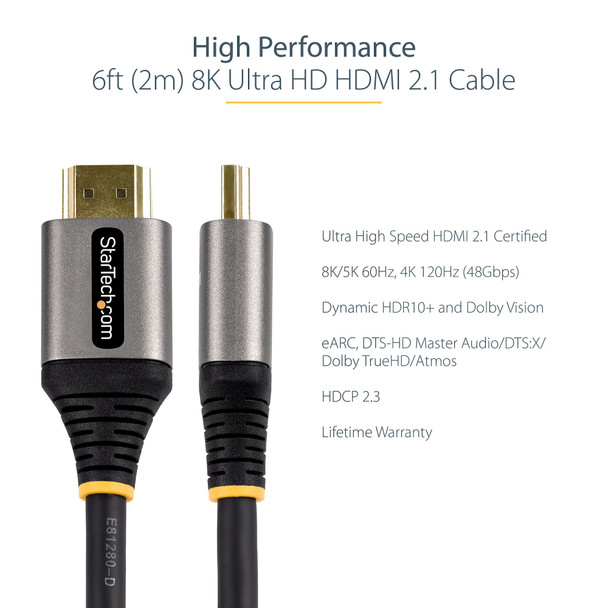 Startech.Com 6Ft (2M) Hdmi 2.1 Cable 8K - Certified Ultra High Speed Hdmi Cable 48Gbps - 8K 60Hz/4K 120Hz Hdr10+ Earc - Ultra Hd 8K Hdmi Cable - Monitor/Tv/Display - Flexible Tpe Jacket Hdmm21V2M 065030892629