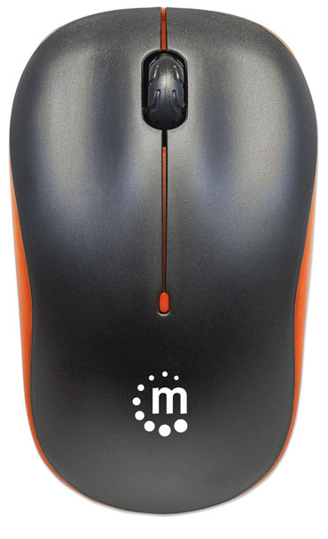 Manhattan Success Wireless Mouse, Black/Orange, 1000dpi, 2.4Ghz up to 10m, USB, Optical, Three Button with Scroll Wheel, USB micro receiver, AA battery included, Low friction base, Three Year Warranty, Blister 179409 766623179409