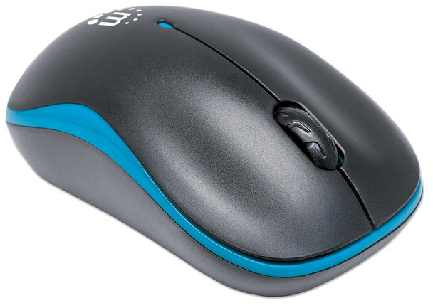 Manhattan Success Wireless Mouse, Black/Blue, 1000dpi, 2.4Ghz up to 10m, USB, Optical, Three Button with Scroll Wheel, USB micro receiver, AA battery included, Low friction base, Three Year Warranty, Blister 179416 766623179416