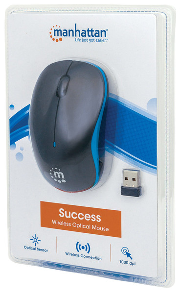 Manhattan Success Wireless Mouse, Black/Blue, 1000dpi, 2.4Ghz up to 10m, USB, Optical, Three Button with Scroll Wheel, USB micro receiver, AA battery included, Low friction base, Three Year Warranty, Blister 179416 766623179416