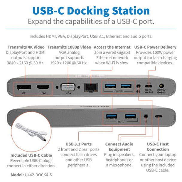Tripp Lite USB-C Docking Station, HDMI, VGA, DP, USB-A/C, GbE, 100W PD Charging, Power Supply Included – 4K @ 30 Hz, Thunderbolt 3, Silver 37724