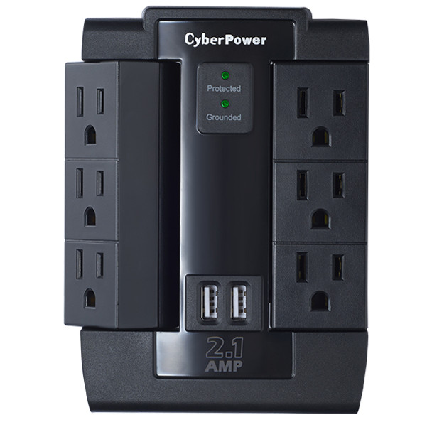Cyberpower Systems 2-2.1A USB PORTS 6 OUTLETS SWIVEL WALL TAP PLUG 1200 JOULES $75K CEG CSP600WSU 649532610686