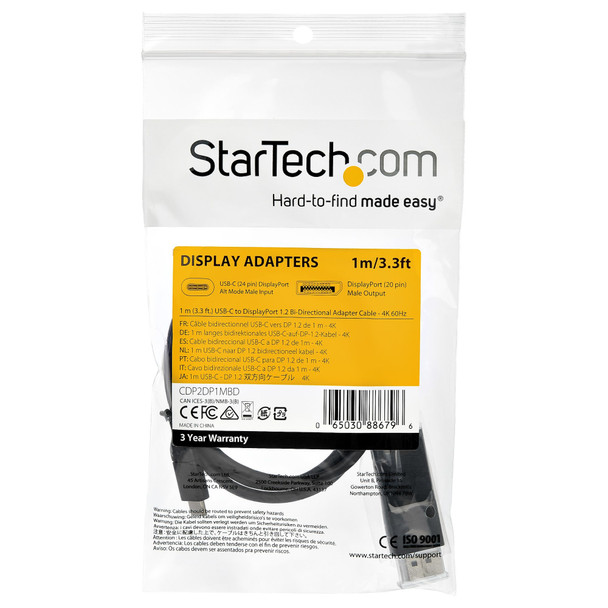 StarTech.com 3ft (1m) USB C to DisplayPort 1.2 Cable 4K 60Hz - Bidirectional DP to USB-C or USB-C to DP Reversible Video Adapter Cable - HBR2/HDR - USB Type C/TB3 Monitor Cable CDP2DP1MBD 065030886796