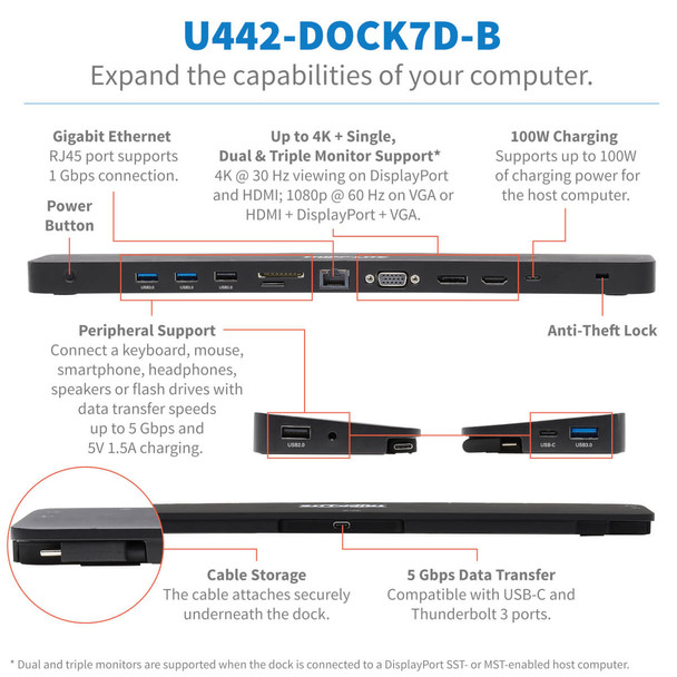 Tripp Lite U442-DOCK7D-B USB-C Dock, Triple Display - 4K HDMI & DP, VGA, USB 3.2 Gen 1, USB-A/C Hub, GbE, 100W PD Charging U442-DOCK7D-B 037332250698