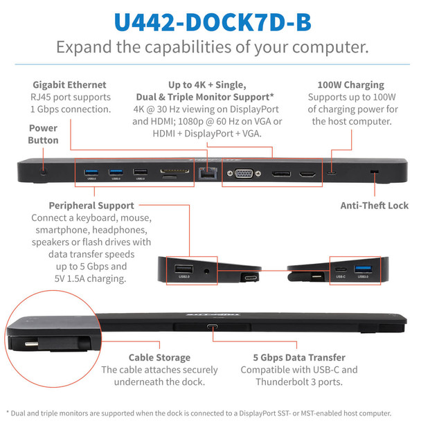 Tripp Lite U442-DOCK7D-B USB-C Dock, Triple Display - 4K HDMI & DP, VGA, USB 3.2 Gen 1, USB-A/C Hub, GbE, 100W PD Charging U442-DOCK7D-B 037332250698