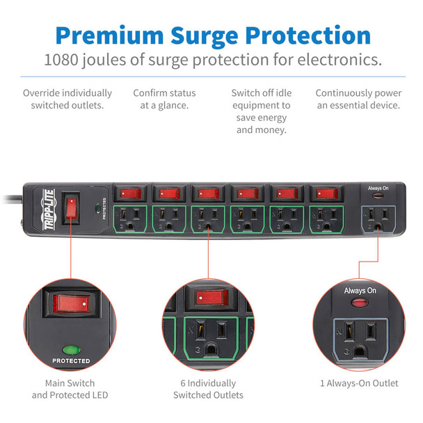 Tripp Lite ECO-Surge 7-Outlet Surge Protector, 6 ft. Cord, 1080 Joules, 6 Individually Controlled Outlets, Black Housing TLP76MSGB 037332205810