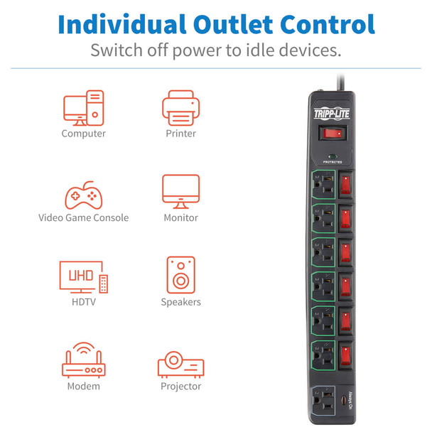 Tripp Lite ECO-Surge 7-Outlet Surge Protector, 6 ft. Cord, 1080 Joules, 6 Individually Controlled Outlets, Black Housing TLP76MSGB 037332205810