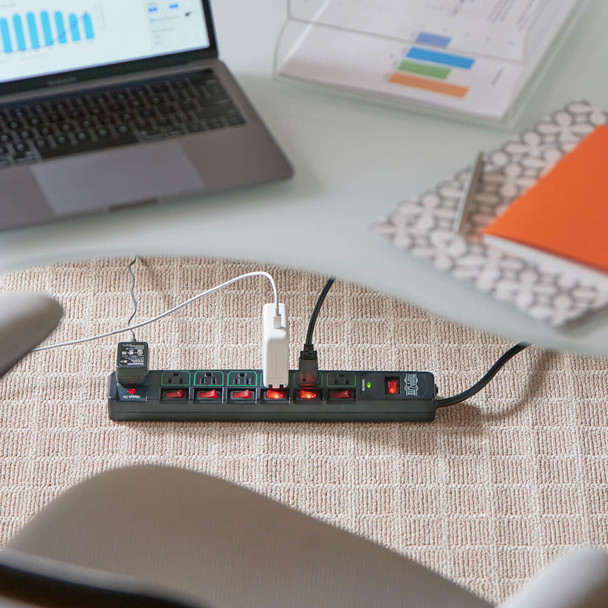 Tripp Lite ECO-Surge 7-Outlet Surge Protector, 6 ft. Cord, 1080 Joules, 6 Individually Controlled Outlets, Black Housing TLP76MSGB 037332205810