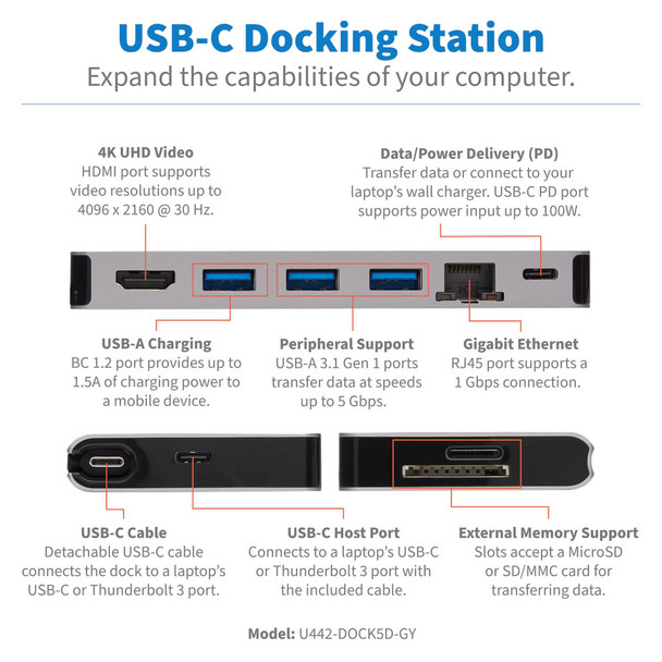 Tripp Lite U442-DOCK5D-GY USB-C Dock - 4K HDMI, USB 3.2 Gen 1, USB-A Hub, GbE, Memory Card, 100W PD Charging, Detachable Cord U442-DOCK5D-GY 037332241023