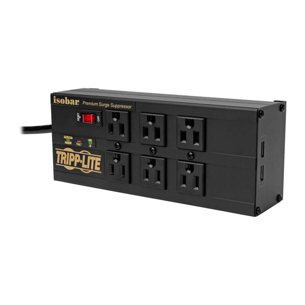 Tripp Lite Isobar 6-Outlet Surge Protector - 10 ft. Cord, Right-Angle Plug, 3840 Joules, 2 USB Ports, Metal Housing IBAR6ULTRAUSBB 037332225023