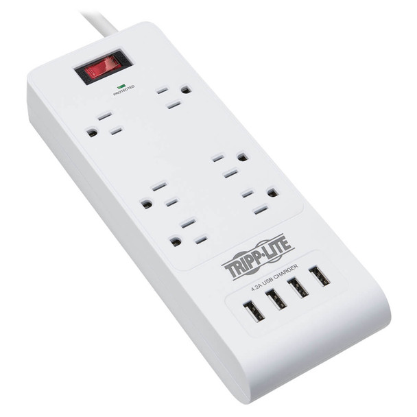 Tripp Lite 6-Outlet Surge Protector with 4 USB Ports (4.2A Shared) - 15 ft. (4.57 m) Cord, 5-15P Plug, 900 Joules, White TLP64USBRA15 037332241238