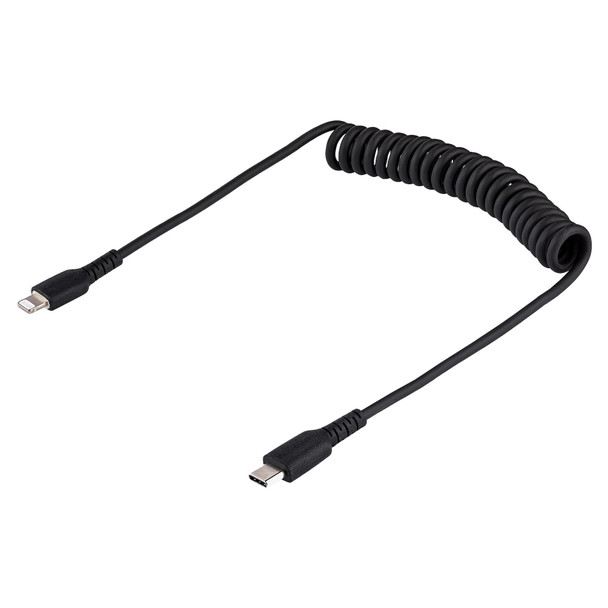 StarTech.com USB C to Lightning Cable 20in / 50cm, MFi Certified, Coiled iPhone Charger Cable, Black, Durable TPE Jacket Aramid Fiber, Heavy Duty Coil Lightning Cable RUSB2CLT50CMBC 065030893640