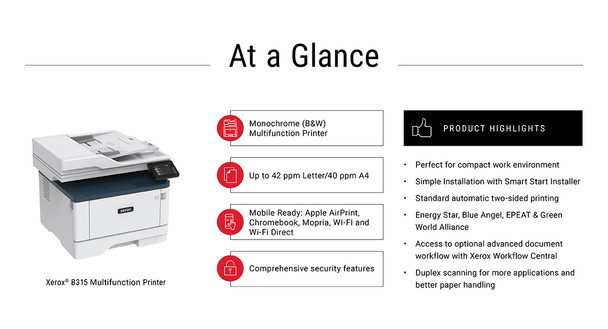 Xerox B315 A4 40Ppm Wireless Duplex Copy/Print/Scan/Fax Ps3 Pcl5E/6 2 Trays 350 Sheets B315/Dni 095205069396