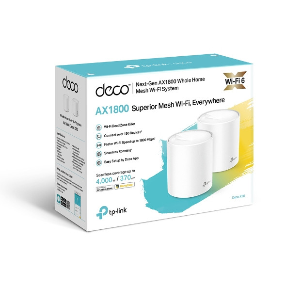 TP-Link Deco X20 (2-pack) wireless router Gigabit Ethernet Dual-band (2.4 GHz / 5 GHz) 4G White DECO X20(2-PACK) 840030701115