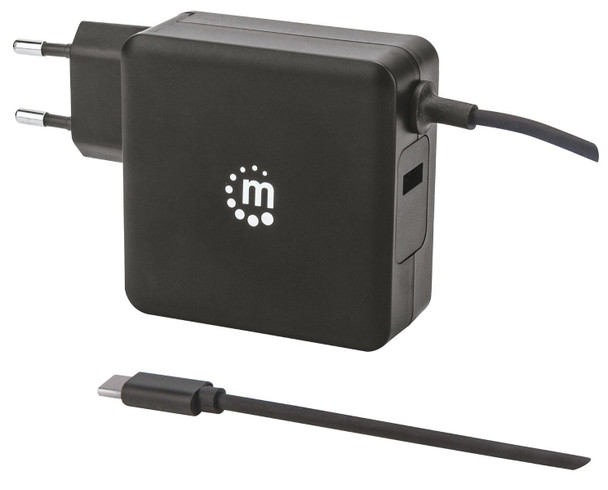 Manhattan Wall/Power Charger (Euro 2-pin), USB-C and USB-A ports, USB-C Output: 60W / 3A, USB-A Output: 2.4A, USB-C 1m Cable Built In, Black, Three Year Warranty, Box 180238 766623180238