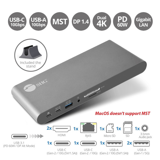 SIIG Accessory JU-DK0N11-S1 USB-C Dual Video MST Docking Station with PD Charging Brown Box