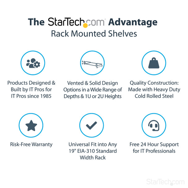 StarTech.com 2U Server Rack Shelf - Universal Rack Mount Cantilever Shelf for 19" Network Equipment Rack & Cabinet - Heavy Duty Steel – Weight Capacity 44lb/20kg - 16" Deep Tray, Black CABSHELF 065030790796