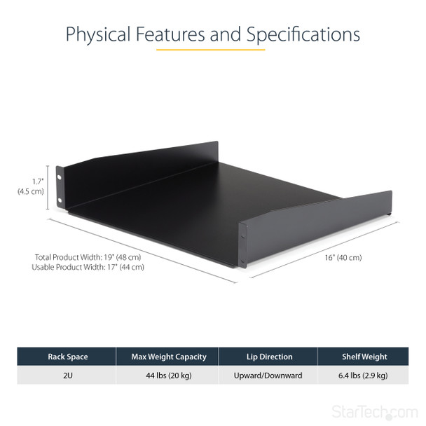 StarTech.com 2U Server Rack Shelf - Universal Rack Mount Cantilever Shelf for 19" Network Equipment Rack & Cabinet - Heavy Duty Steel – Weight Capacity 44lb/20kg - 16" Deep Tray, Black CABSHELF 065030790796