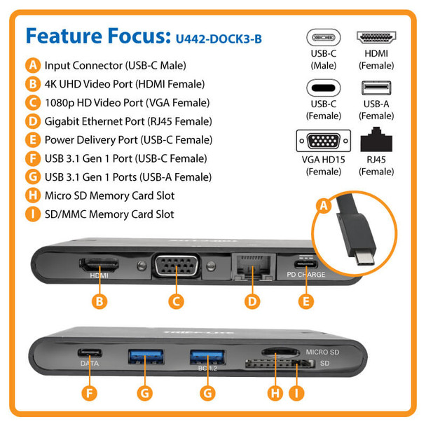 Tripp Lite U442-DOCK3-B USB-C Dock - 4K HDMI, VGA, USB 3.2 Gen 1, USB-A/C Hub, GbE, Memory Card, 100W PD Charging U442-DOCK3-B 037332213495