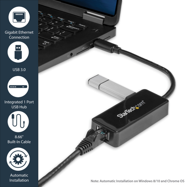 StarTech.com USB 3.0 to Gigabit Ethernet Adapter NIC w/ USB Port - Black USB31000SPTB 065030851893