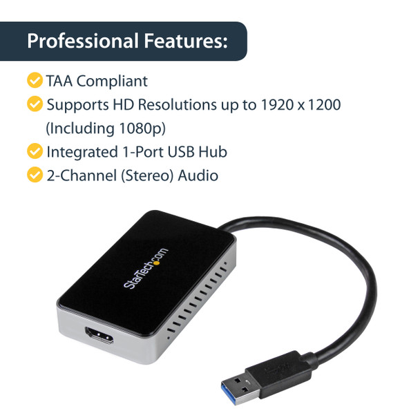 StarTech.com USB 3.0 to HDMI Adapter with 1-Port USB Hub – 1920x1200 USB32HDEH 065030850629