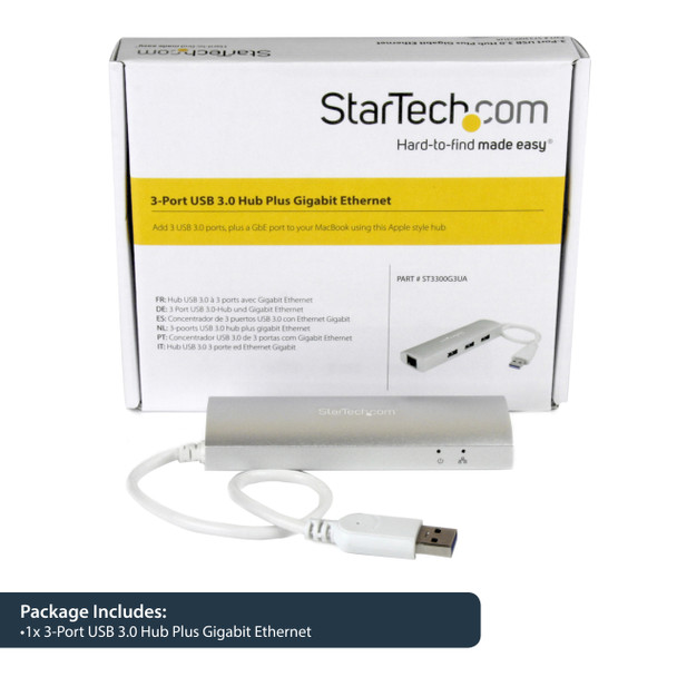 StarTech.com 3-Port Portable USB 3.0 Hub plus Gigabit Ethernet - Built-In Cable ST3300G3UA 065030862554