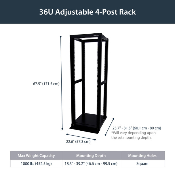 StarTech.com 36U Adjustable 4 Post Server Equipment Open Frame Rack Cabinet 4POSTRACK36 065030835848
