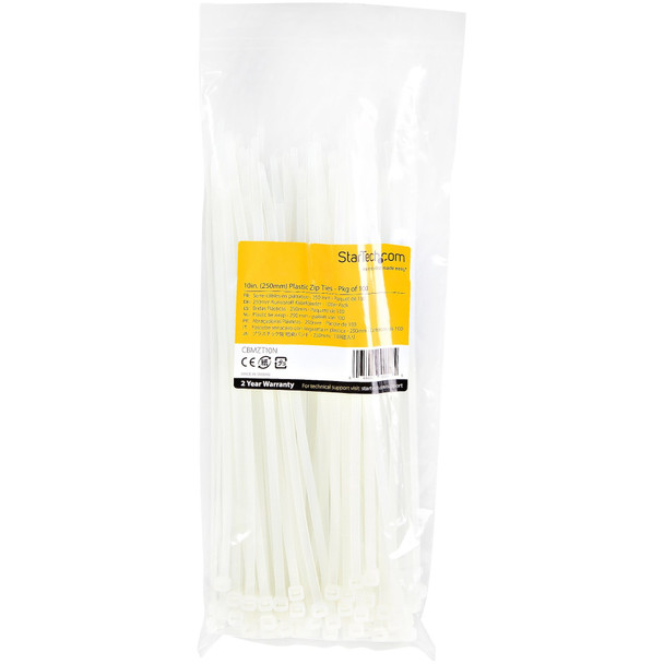StarTech.com 100 Pack 10" Cable Ties - White Extra Large Nylon/Plastic Zip Tie - Adjustable Electrical/Network Cable Wraps/-40 to +85C Temp/94V-2 Fire & UL Rated TAA CBMZT10N 065030890595