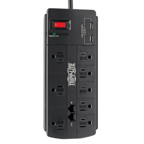 Tripp Lite 8-Outlet Surge Protector with 2 USB Ports (2.1A Shared) - 8 ft. Cord, 1200 Joules, Tel/Modem, Black TLP88TUSBB 037332223579