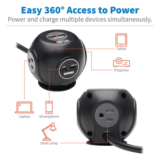 Tripp-Lite UP TLP36USB 6ft 3-Outlet Spherical Surge Protector Black Retail