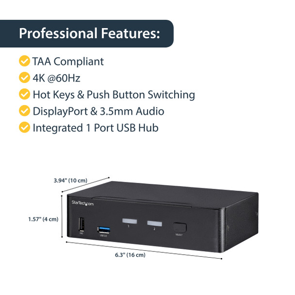 StarTech KVM SV231DPU34K 2 Port DisplayPort KVM Switch 4K 60Hz USB 3.0 Hub RTL