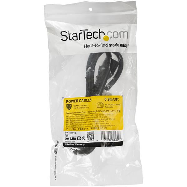 StarTech Cable PXTR1013 3ft Power Cord Right-Angle NEMA 5-15P to C13 Retail