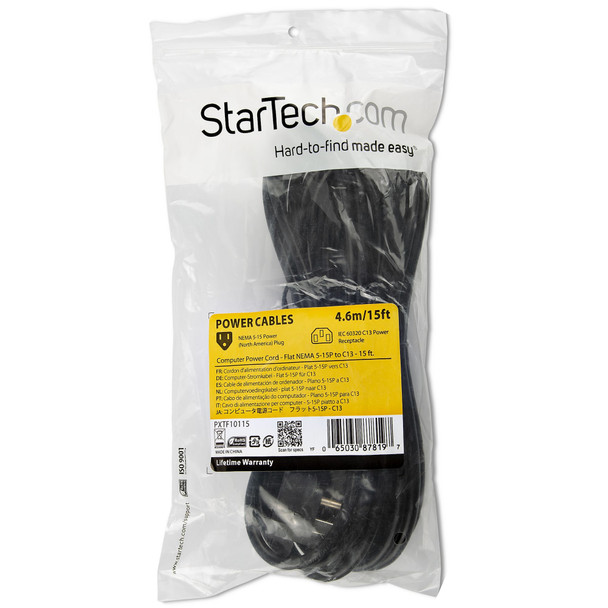 StarTech Cable PXTF10115 15ft Power Cord Flat NEMA 5-15P to C13 Retail