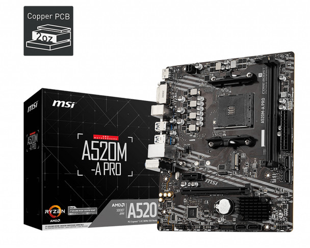 MSI MB A520M-A PRO AMD Socket AM4 Ryzen A520 Max64G DR4 DVI-D HDMI MATX Ratail