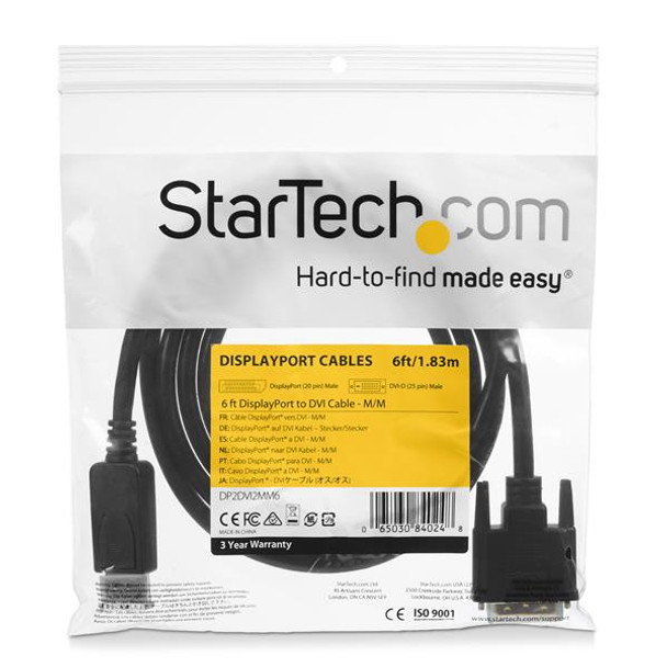 StarTech DP2DVI2MM6 6ft DisplayPort to DVI Cable M M Retail