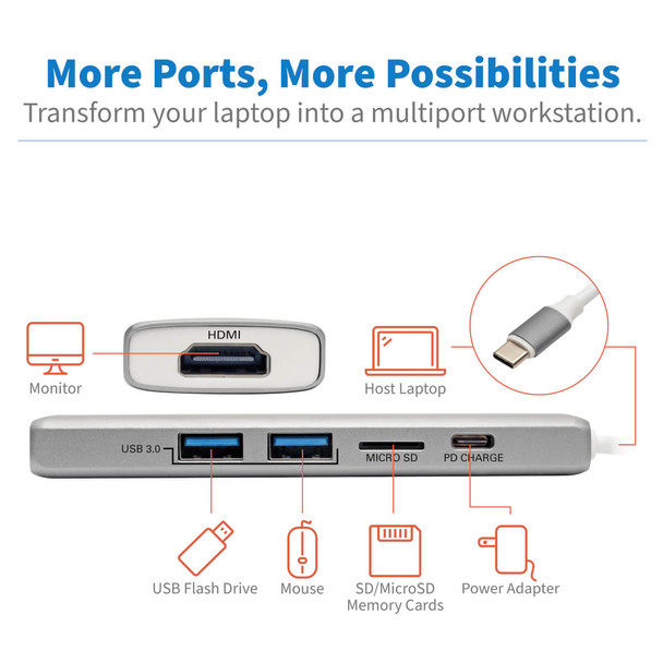 Tripp-Lite U442-DOCK10-S USB-C Docking Station 4K@30 Hz w USB Hub HDMI MicroSD