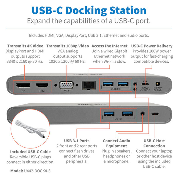 Tripp-Lite AC U442-DOCK4-S USB-C Docking Station w USB Hub HDMI VGA DP Gbe PD