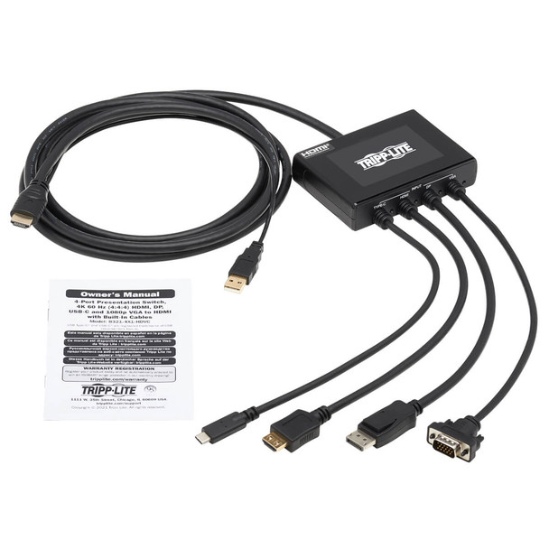 Tripp Lite B321-4X1-HDVC 4-Port Presentation Adapter, 4K 60 Hz (4:4:4) HDMI, DP, USB-C and 1080p VGA to HDMI, Built-In Cables B321-4X1-HDVC 037332262691