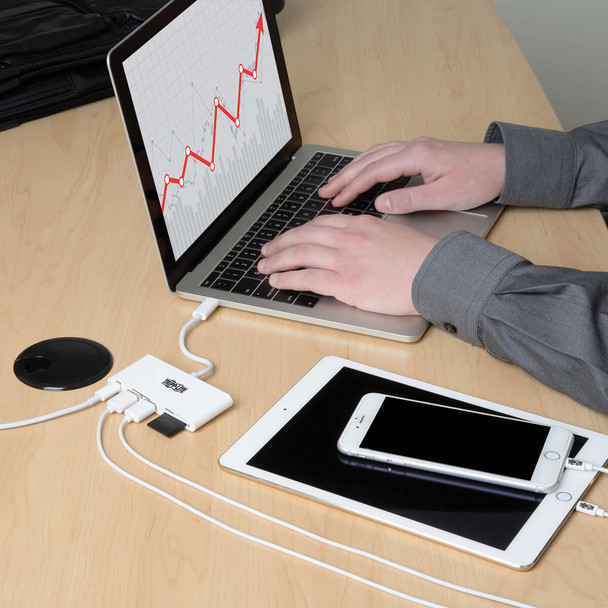 Tripp Lite U460-002-2AM-C USB-C Multiport Adapter, 2x USB-A and 1x USB-C Ports, Card Reader and PD Charging, USB 3.0, White U460-002-2AM-C 037332193780